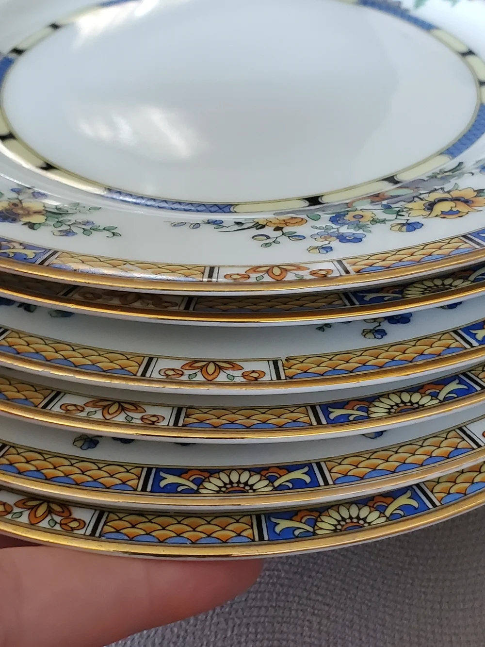 Porcelain Salad  Plate with Yellow & Blue Floral Motif and Gold Rim